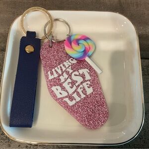 🍭Handcrafted Pink Glitter Motel Key Holder with Blue Strap New